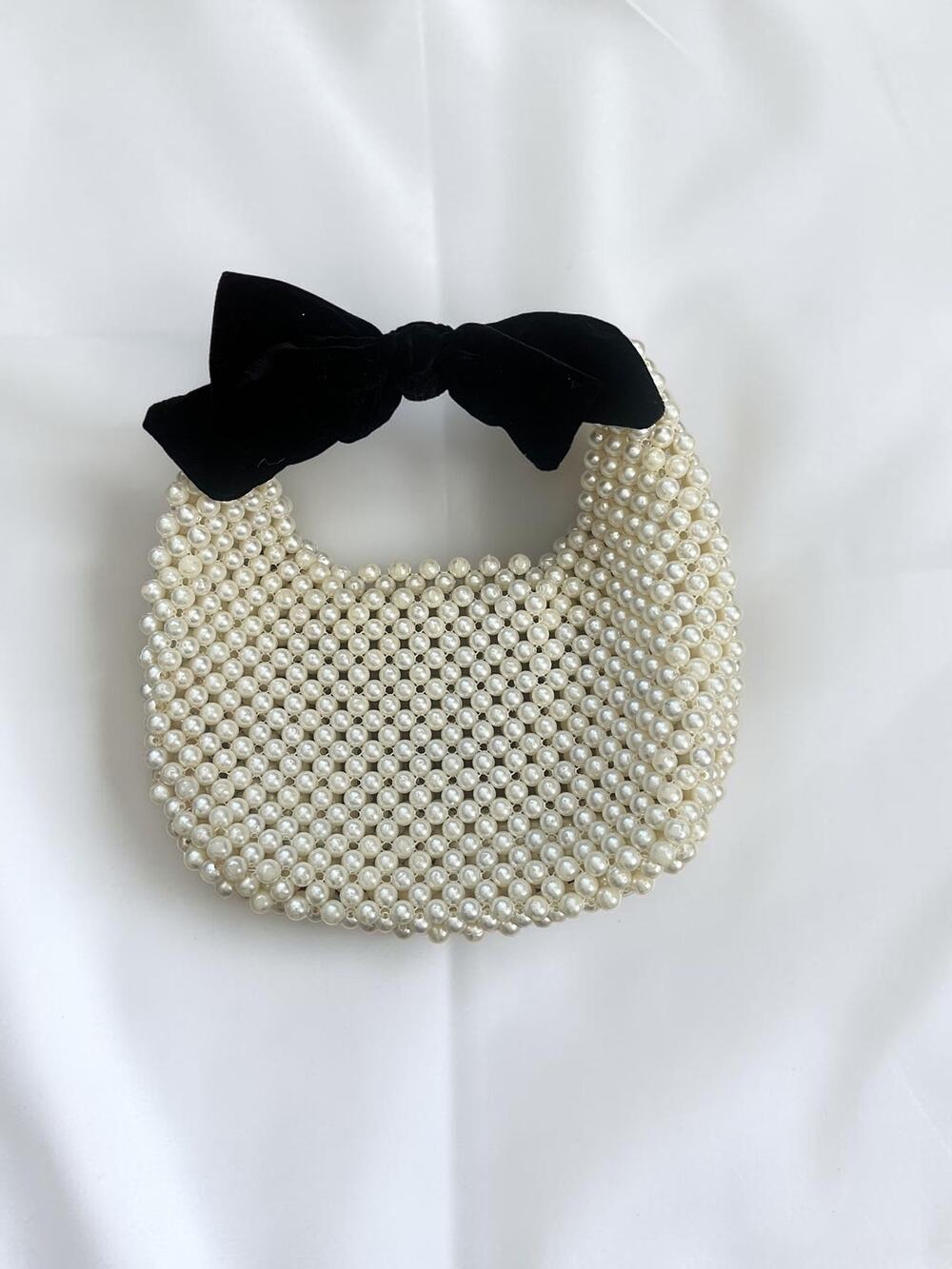 Faux Pearl Beaded Top Handle Bag with Black Velvet Bow Bridal Evening Mini Purse